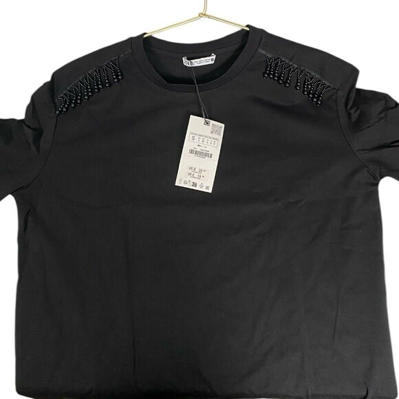 Zara Women's Short Sleeve Tee Shirt Beaded Shoulders‎ Solid Black Size S WP435 - Picture 6 of 8